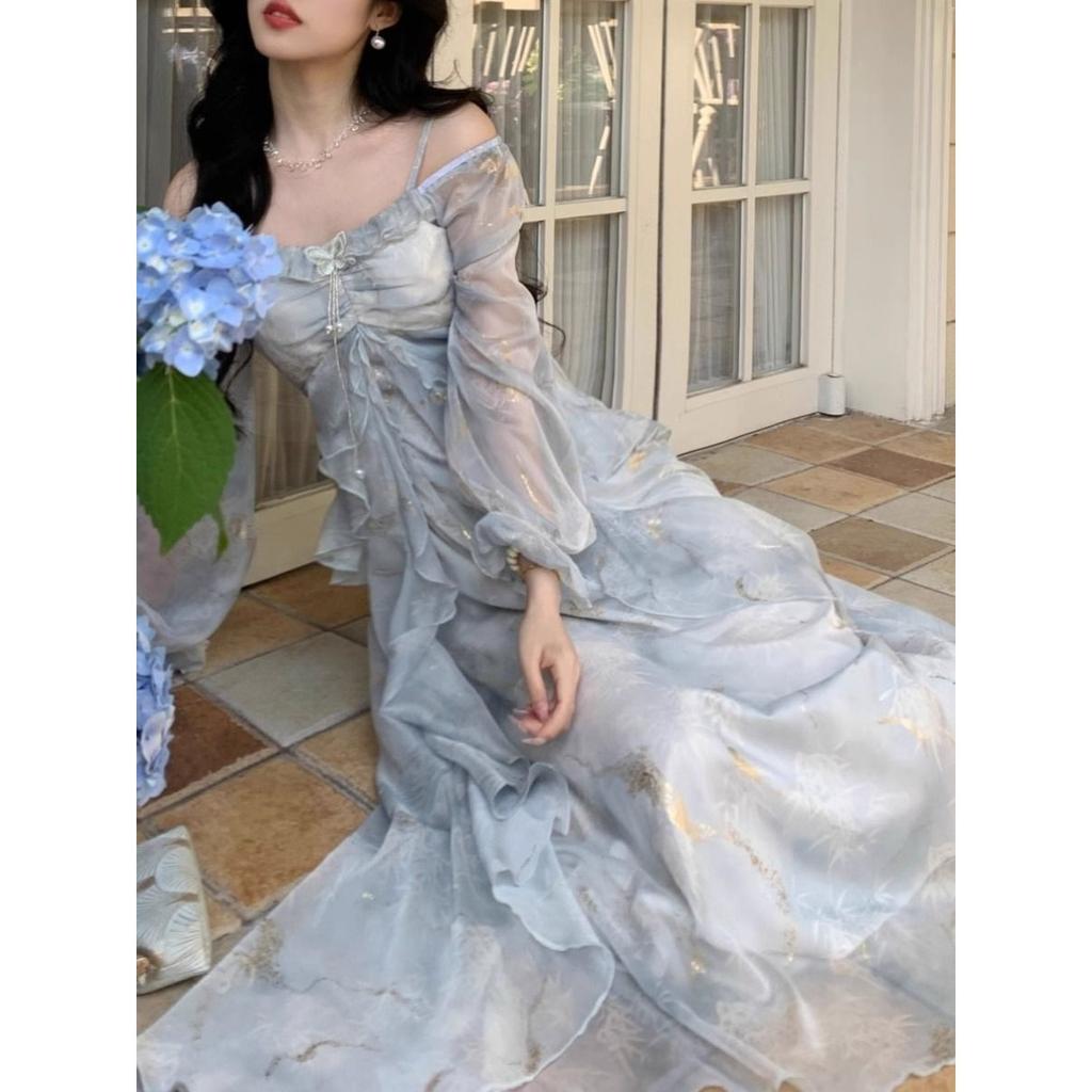 French super fairy smudged mist square collar floral dress women's gentle wind temperament butterfly lotus leaf edge skirt European and American