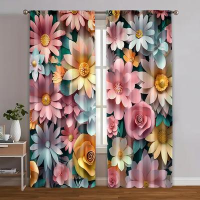 2pcs, Curtains&Drapes 2D Print Beautiful Purple and Pink Flowers Fabric (without Rod) Thermal Insulation, and Room Darkening