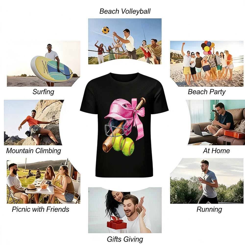 Girls Softball Themed Print Tee Helmet Bat Pattern Sports Top Pure cotton T-shirt