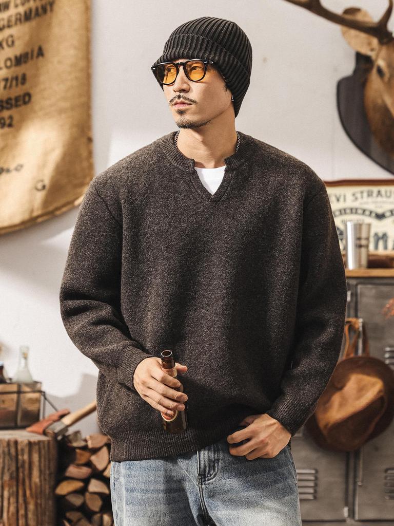 Men's Retro V-neck Wool Sweater: Winter Warmth and Plush Feel