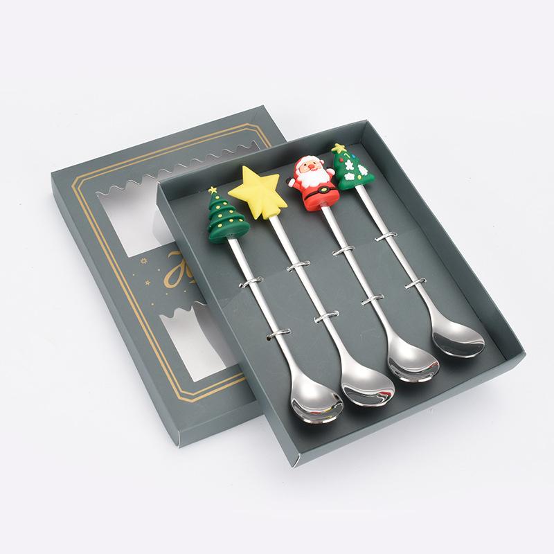 4PCS Christmas Coffee Spoons Christmas Stainless Steel Small Spoon Teaspoons Dessert Spoon New Year Christmas Ornament Tableware