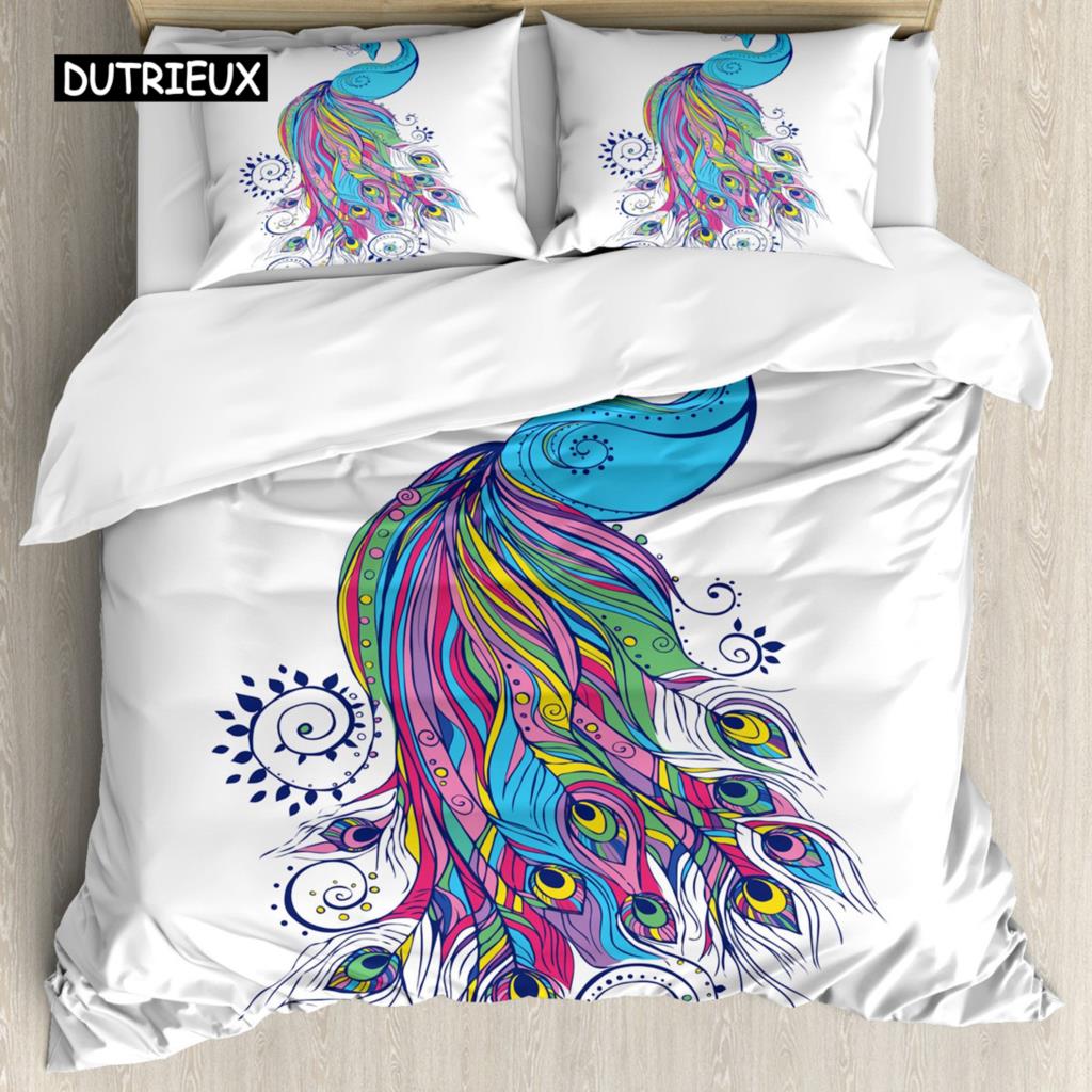 

Peacock Duvet Cover Set Rainbow Feather Bedding Set for Bedroom Decor Hippie Tie Dye Polyester Comforter Cover Double Queen Size Tool EU single(135x200cm)