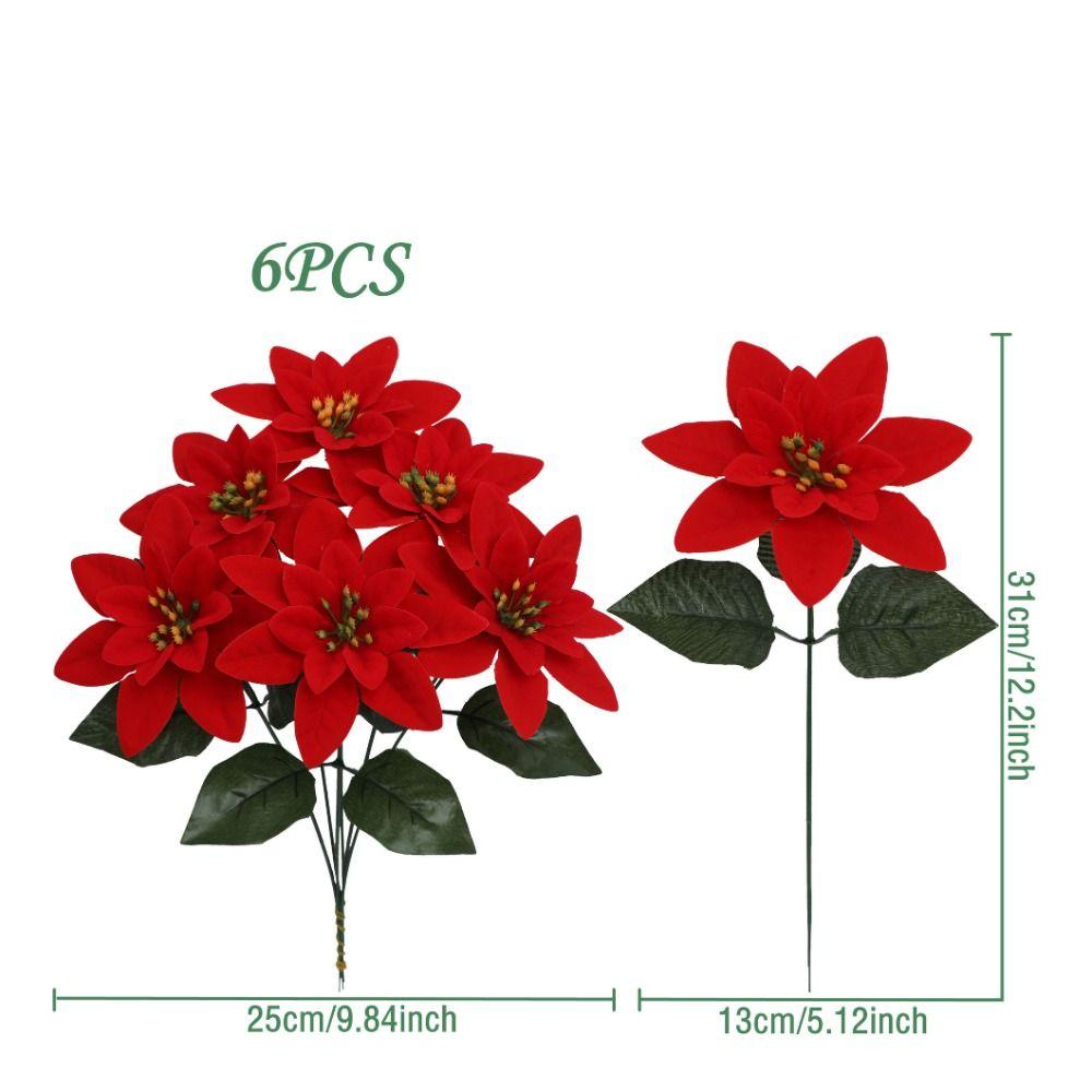 Red Color Christmas Flowers Bouquet Green Leaves Fake Flowers Decoration Christmas Tree Ornaments