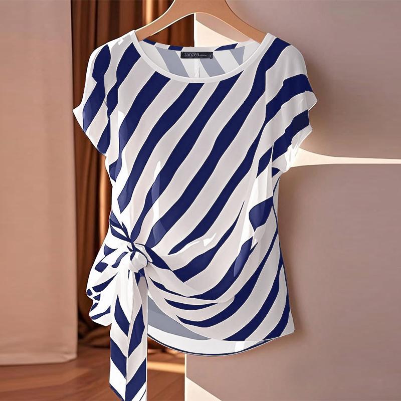 ZANZEA Women Casual O-neck Stripe Print Loose Short Sleeve Blouse