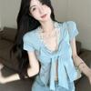 Women's Light Blue Lace V Neck Bow Split Front Mesh Inner Slim Short Sleeve Top