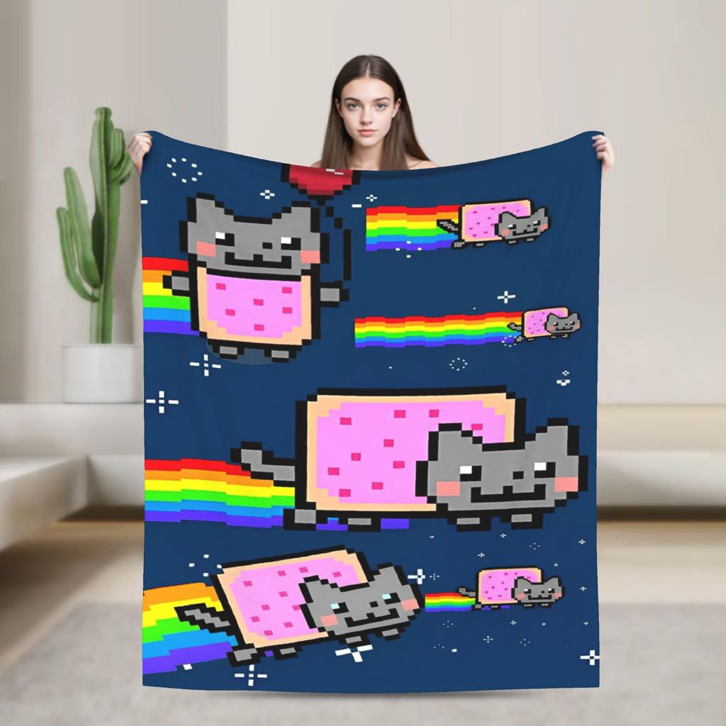 Katze Regenbogen Pixel Welt Nyans Decken Fleece Frühling Herbst Atmungsaktiv Super Warm Überwurfdecken für Bettwäsche Sofa Teppich Stück