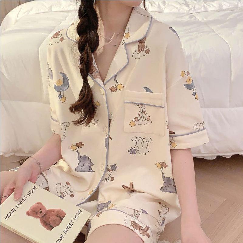 GMXIA High-quality Cotton-like Cute Cardigan Short-sleeved Student Pajamas for Women, Sweet Summer Style for Women's Home Wear