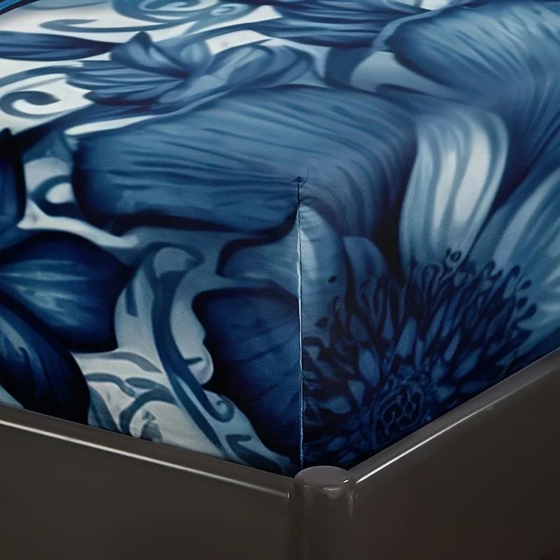 3pcs Blue Butterfly Floral Fitted Sheet Set (1 Fitted Sheet + 2 Pillowcase Without Pillow Insert), HD Printing For Bed Sheet