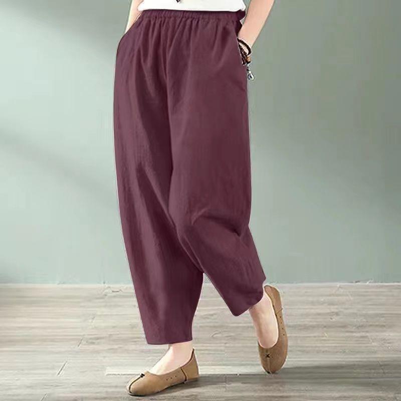 Spring Linen Blend Women's Wide-Leg Harem Pants - Slimming, Nine-Point Length, Ideal for Middle-Aged Women
