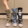 Fashion Women's Knee-high Boots Fashion Cowboy Canvas Boots Designer Graffiti Long Boots for Women Pleats Stacking Boot Botas De Mujer