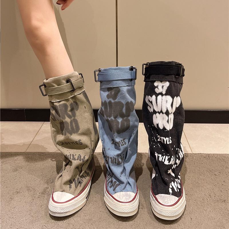 Fashion Women's Knee-high Boots Fashion Cowboy Canvas Boots Designer Graffiti Long Boots for Women Pleats Stacking Boot Botas De Mujer