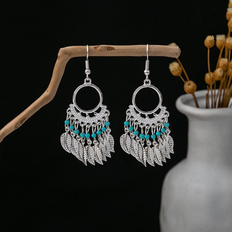 Ethnic Style Miao Silver Fringed Earrings, Bohemian Turquoise Fringed Earrings, Minority Tourist Attractions Earrings