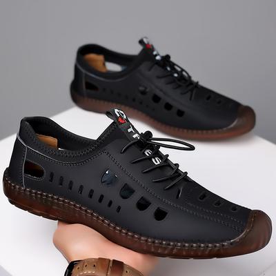 2025 Summer Mens Handstitched Soft Leather Hollow-Out Sandals Breathable Casual Shoes Lightweight Soft Sole Comfortable Footwear