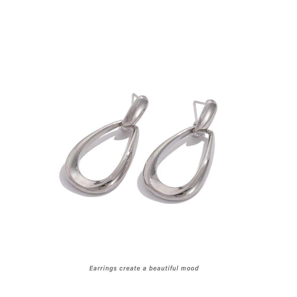 Minimalist Double-Layer Oval Geometric Silver Stud Earrings with Ear Clip