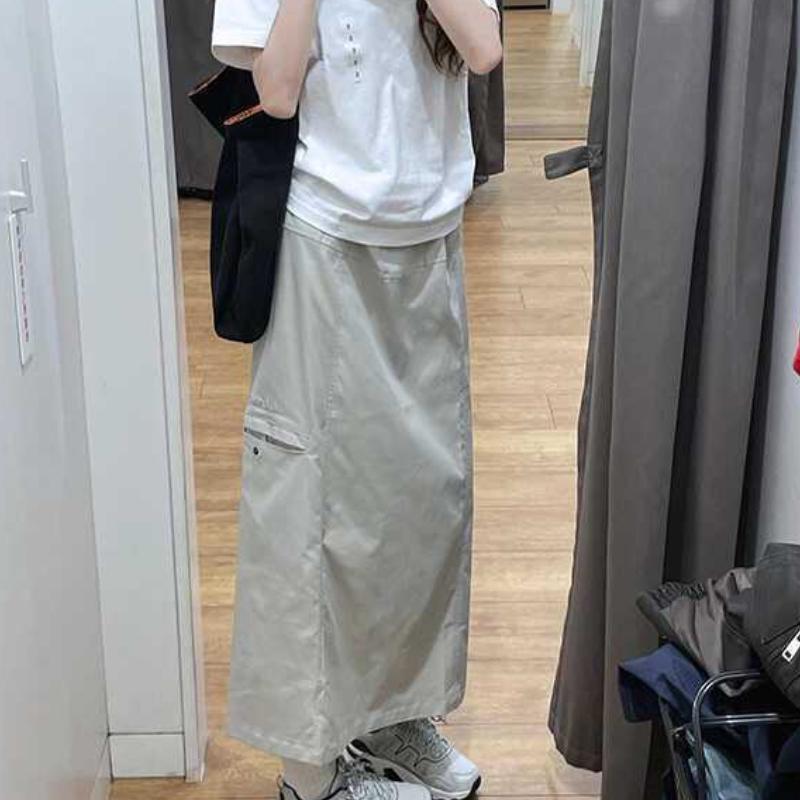 Women's American Vintage Utility Midi Skirt - High-Waist A-Line with Side Slit - Versatile Retro Workwear for Spring/Autumn