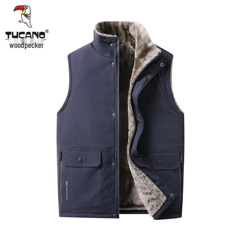 Woodpecker Men's Plus Velvet Thickened Cotton Vest – Autumn/Winter Sleeveless Workwear Fishing Gilet