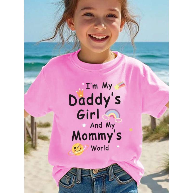 European Size Girls Round Neck Short Sleeved T Shirt with Rainbow and Shooting Star Cartoon Patterns