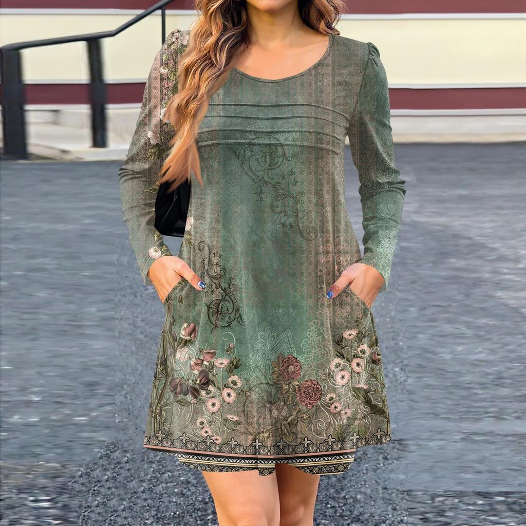 Women's Long Sleeve Dress Fall Casual T Shirt Loose Fit Pleated Front Dresses With Pockets