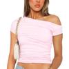 High Elasticity Fabric Solid Color Slash Shoulder Short Sleeve Shrinkage Pleated Navel Reveal Top Ladies Casual Tops