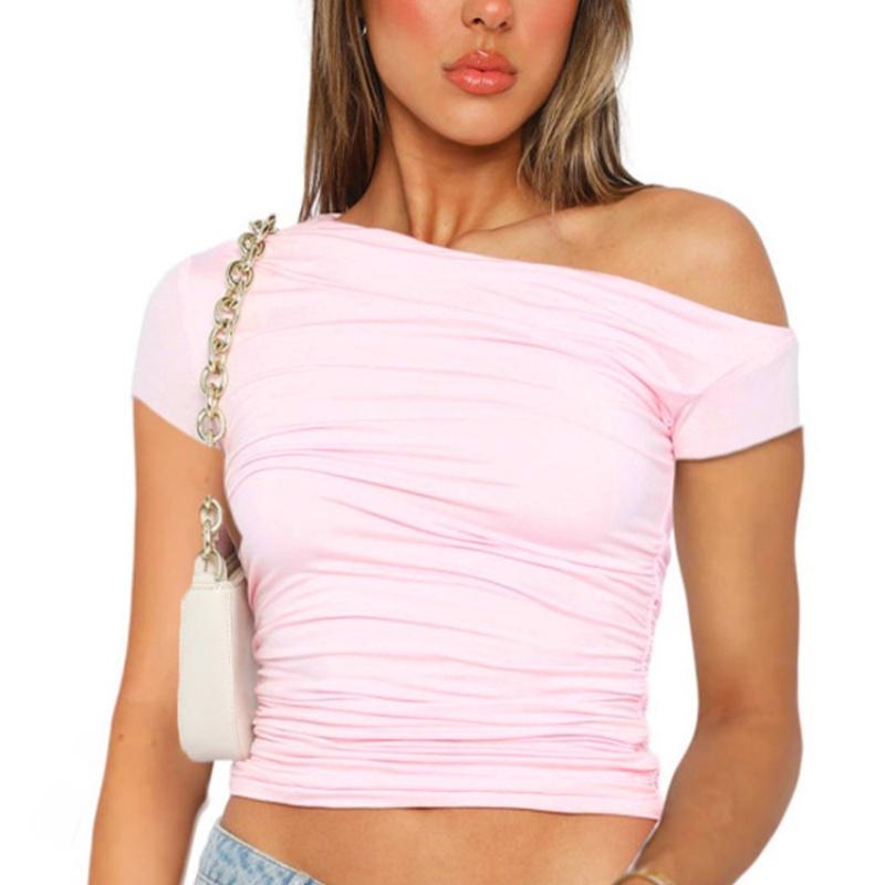 High Elasticity Fabric Solid Color Slash Shoulder Short Sleeve Shrinkage Pleated Navel Reveal Top Ladies Casual Tops