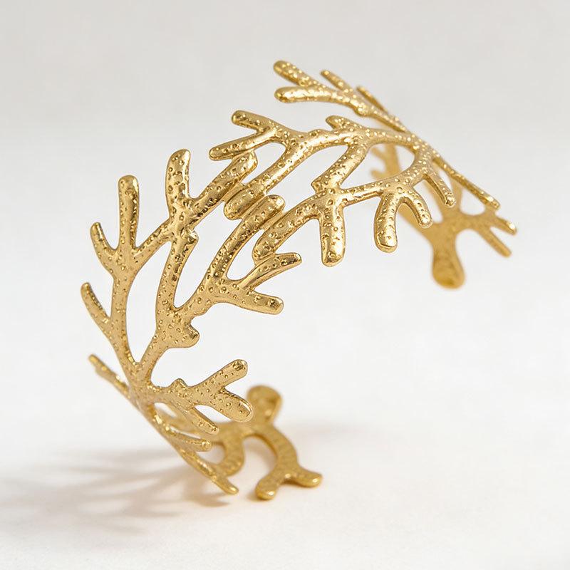 European & American Coral Branch Hammered Texture Wide Cuff Bracelet - Women's High-End Open Bracelet Jewelry