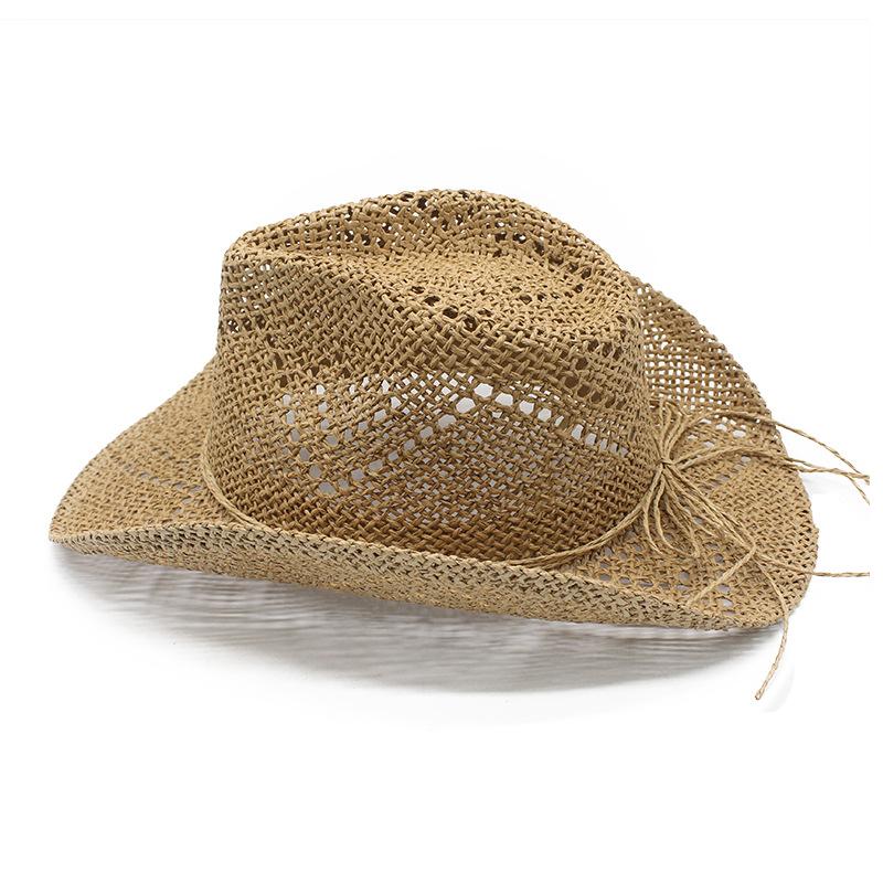 Vintage Hollow Adjustable Breathable Panama Straw Western Cowboy UV Protection Sun Hat for Summer Beach
