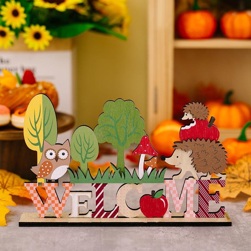 Stylish Harvest Season Wooden Animal Display Featuring Hedgehog And Designs Squirrel