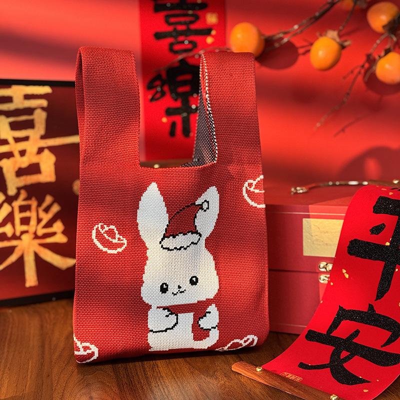 2026 Horse Year Cartoon Mascot Pony Knitted Gift Bag Handheld Candy Bag Mini Knot Wrist Bag Cute Tote Bag Reusable Shopping Bags