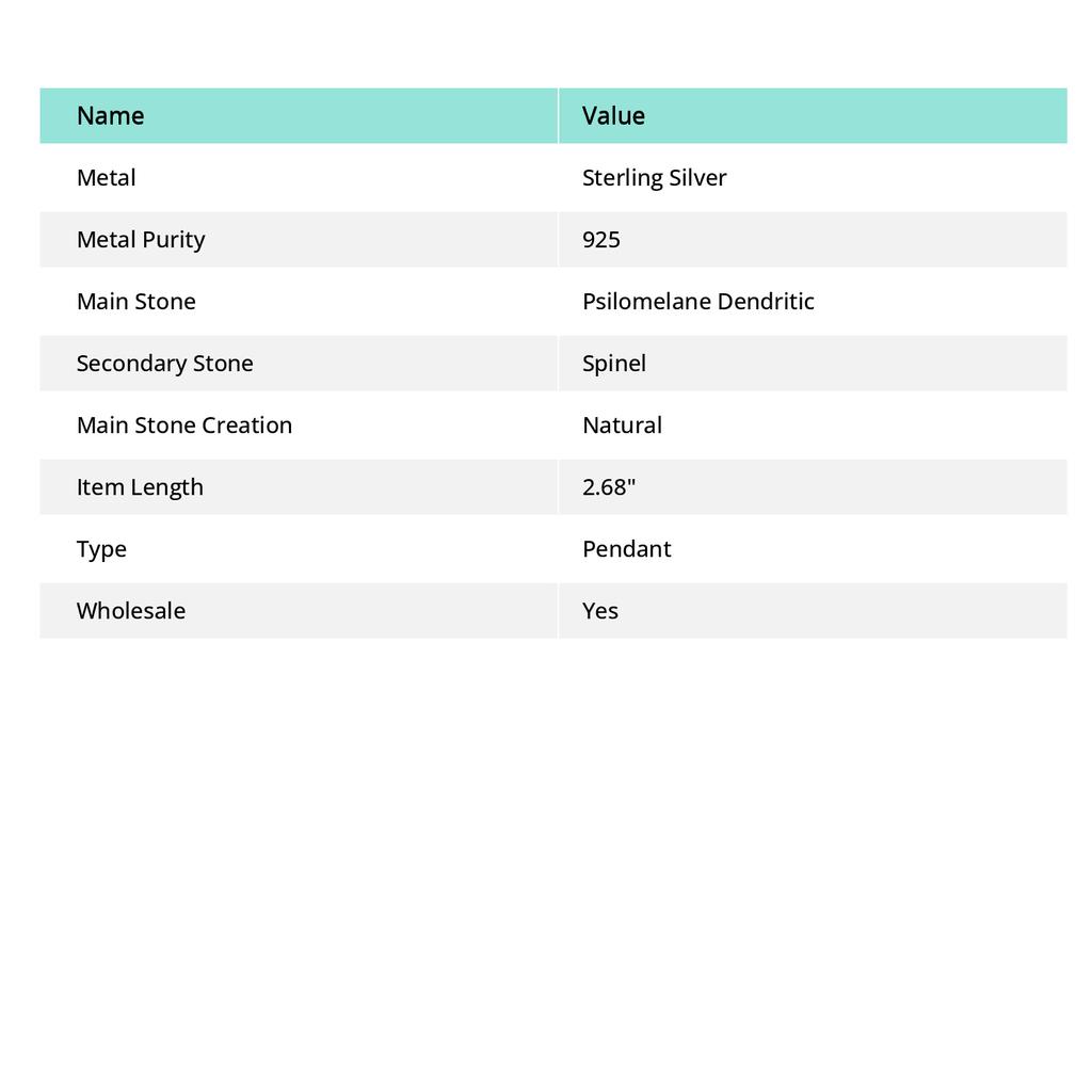 Natural Psilomelane Dendritic,Spinel 925 Sterling Silver Pendant 2.68" L0o99