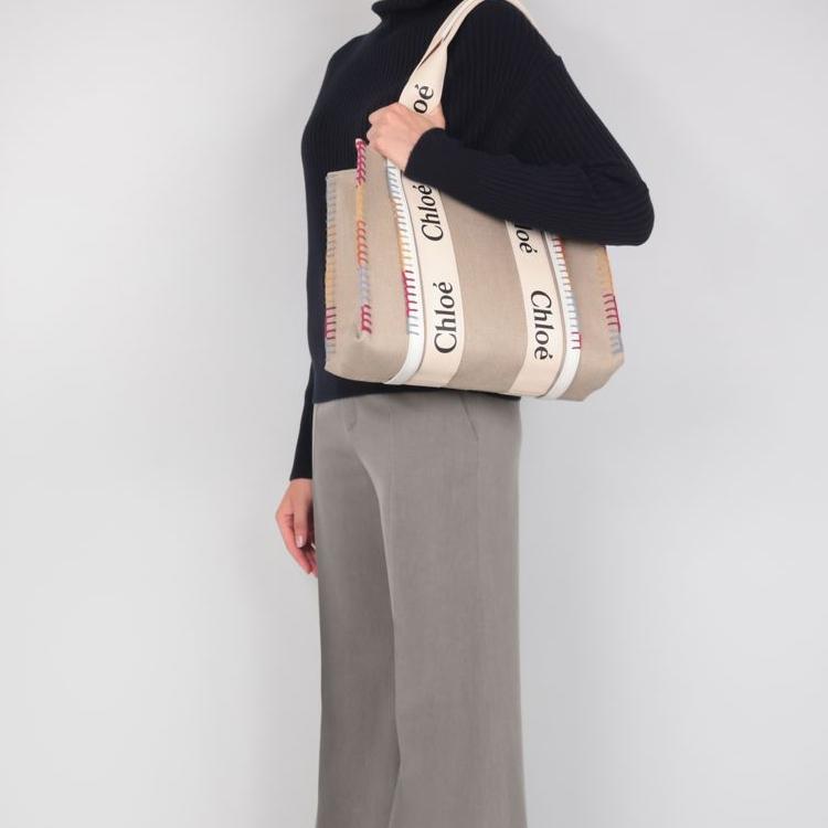 Chloe Holziges Logo Bandgriff Mehrfarbige Nähte Leinwand Glattes Kalbsleder Tragetasche Einkaufstasche Schulter Handtasche Mittel CHC22-AS383H74-101