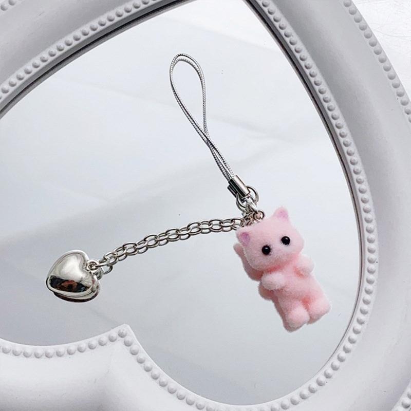 Fashion Flocking Cat Heart Pendant Phone Straps Lanyard Pocket Keychain Strap Backpack Charm Car Key Decoration