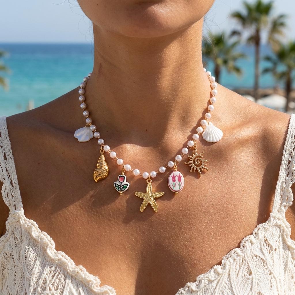 Bohemian Imitation Pearl Beaded Chain Necklace for Women Ocean Series Starfish Shell Conch Pendant Choker Beach Party Jewelry