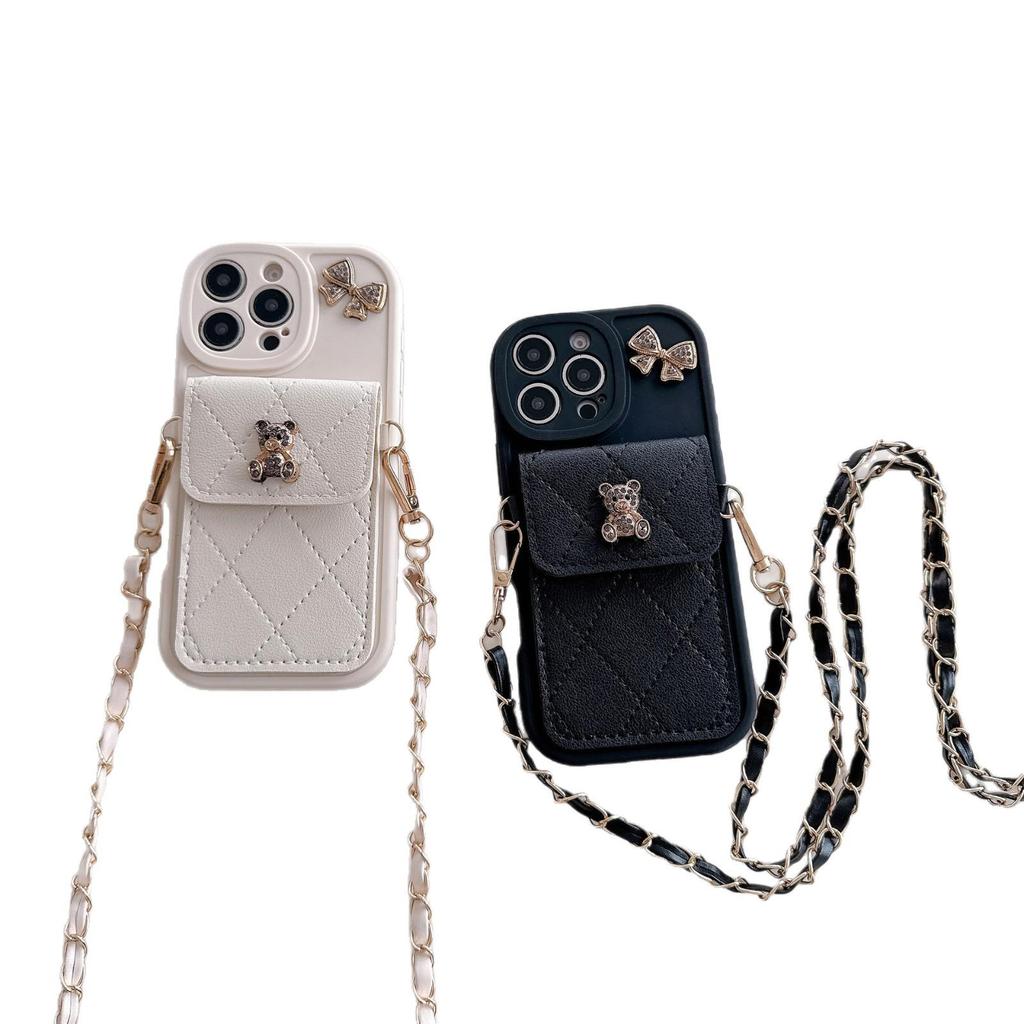 Rautenförmiger Bären-Kartenhalter mit Diamanten und Lanyard für Apple 17 Pro Max und 16 Münzbörsen Schutzhüllen