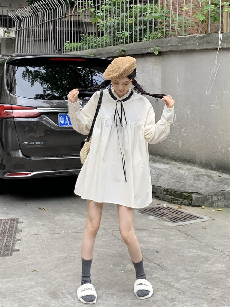 Large Size Women's Clothing Fat Mm Korean Sweet Loose Design Feeling Contrasting Color Lace-up Age-reducing Doll Long-sleeved Dress Women