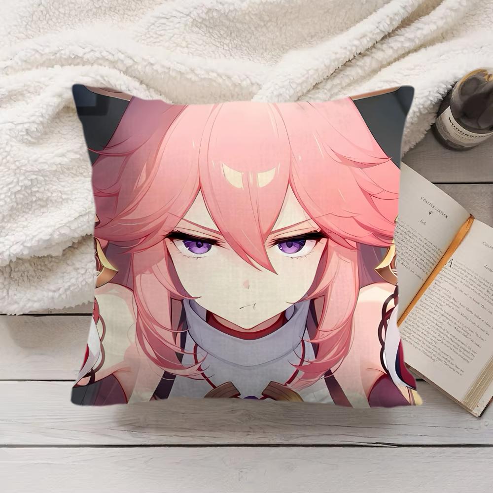 Yae Miko Genshin Impact Cushion Cover Silky Short Plush Invisible Zipper Dustproof Sofa Pillow Case For Home Decor