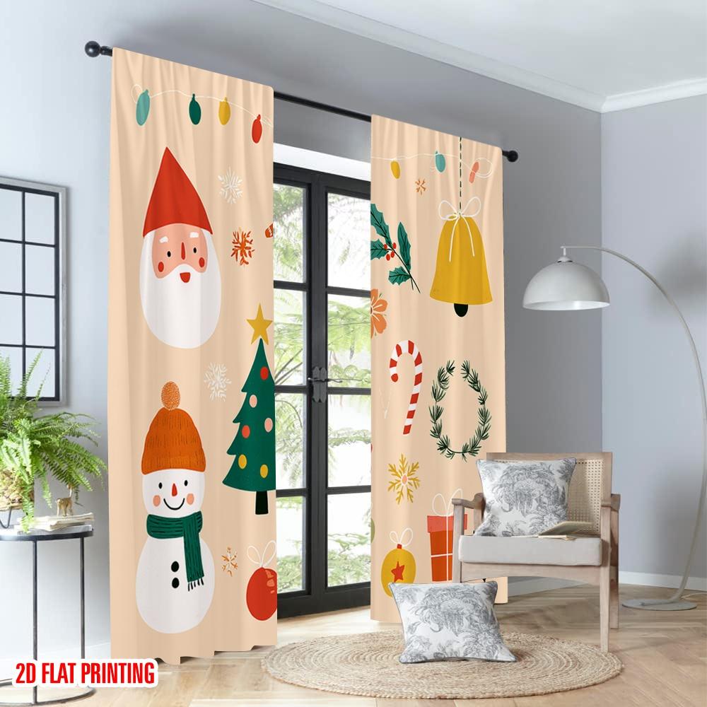 2pcs 2D flat printing Happy Christmas Party Curtains Christmas Holiday Cute Cartoon Digital Printed Polyester Drapes Party