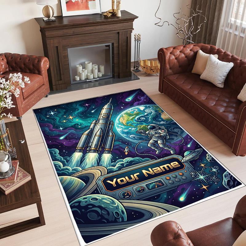Cosmic Theme Crystal Velvet Floor Rug Personalized Custom Name Text Warm Carpet Home Decoration