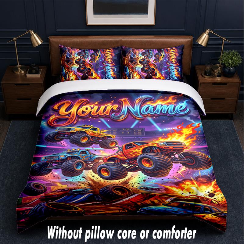 Monster Truck Theme Custom Text Or Name 3Pcs Bedding Set,1 Flat Sheet & 2 Pillowcases Personalized Home Bedding