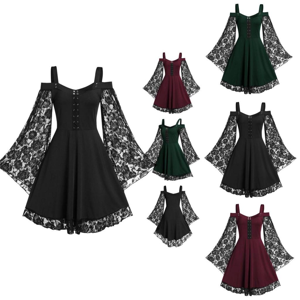Eye-catching Women's Lace Floral Fancy Dress With Mid Skirt Perfect For Halloween And Dance Parties