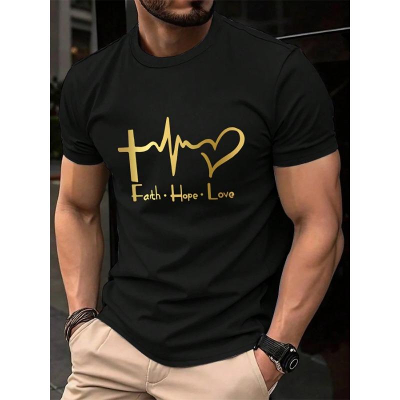 Men's Summer 100% Cotton Fashionable Casual Loose Large Size FAITH HOPE LOVE Printed Sports Round Neck Short Sleeve T-shirt Top