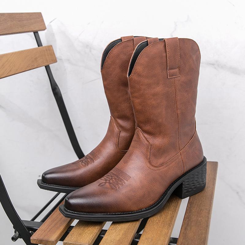 Men’s Mid-Calf Martin Western Cowboy Boots - Breathable, Embroidered, High-Top Pull-On Riding Boots for Autumn and Winter