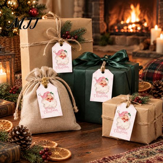 Small Paper Labels 50 Pcs Christmas Gift Tags, Merry Thick with Tree Ornaments Jute Rope for Holiday Wrapping, DIY Crafts, New Year Party Favors