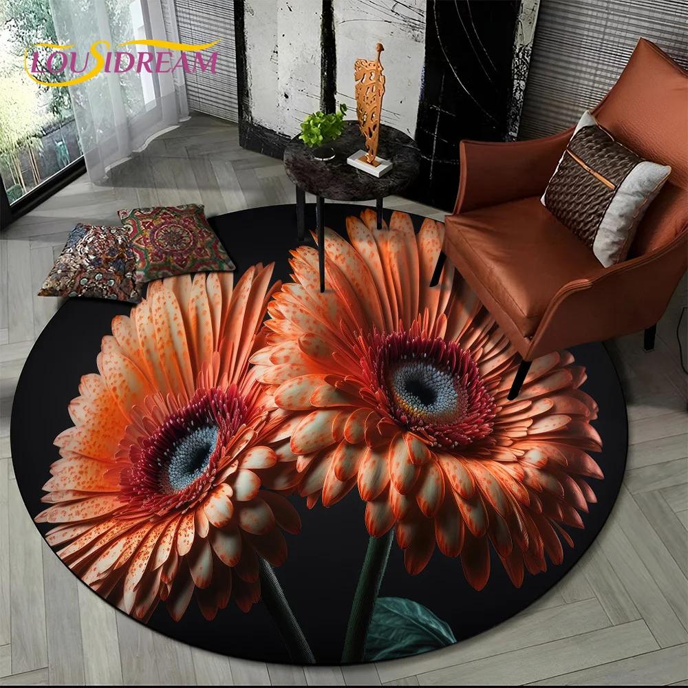 Covor rotund 3D Lux Floarea Soarelui Trandafir Nordic Margaretă pentru Decor Sofă Living Dormitor, Covor Zonă Copii Covoraș de Podea Antiderapant Cadou