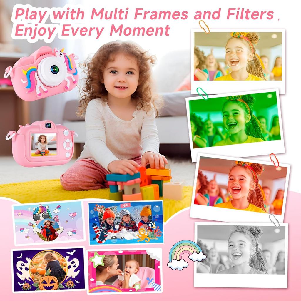 Kids Camera Toys for 3-8 Year Old Girls and Boys, Children Digital Camera with Cute Soft Silicone Case, 1080P Video Camcorder Present with 32GB SD