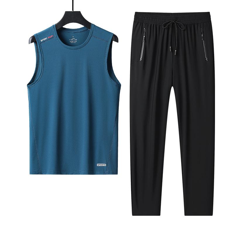

Large Size Ice Silk Vest Suit Men s Light And Breathable Sports Suit Men s Casual Ice-sense T-shirt Ice Silk Pants Men s Two-piece Set 2XL зелёный