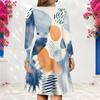 Women Plus Size V Neck Long Sleeve Printed White Teal A Line Dress
