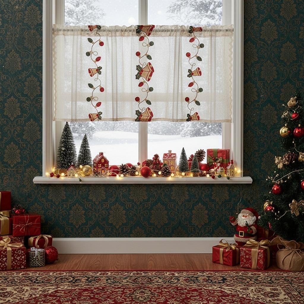 American Christmas Curtains Bell Embroidery Lace Living Room Kitchen Rectangle Landscaping Decorative Coffee Curtain