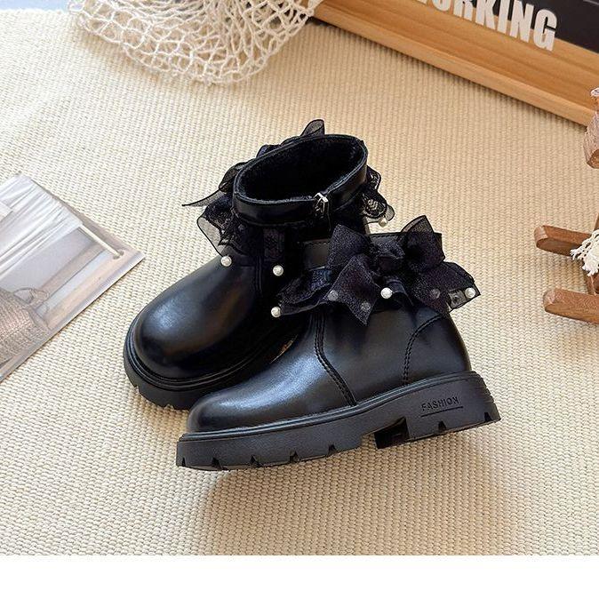 Children's Sweet Ankle Boots, Winter Girls' Fashionable Lace Bow and Fleece Boots
