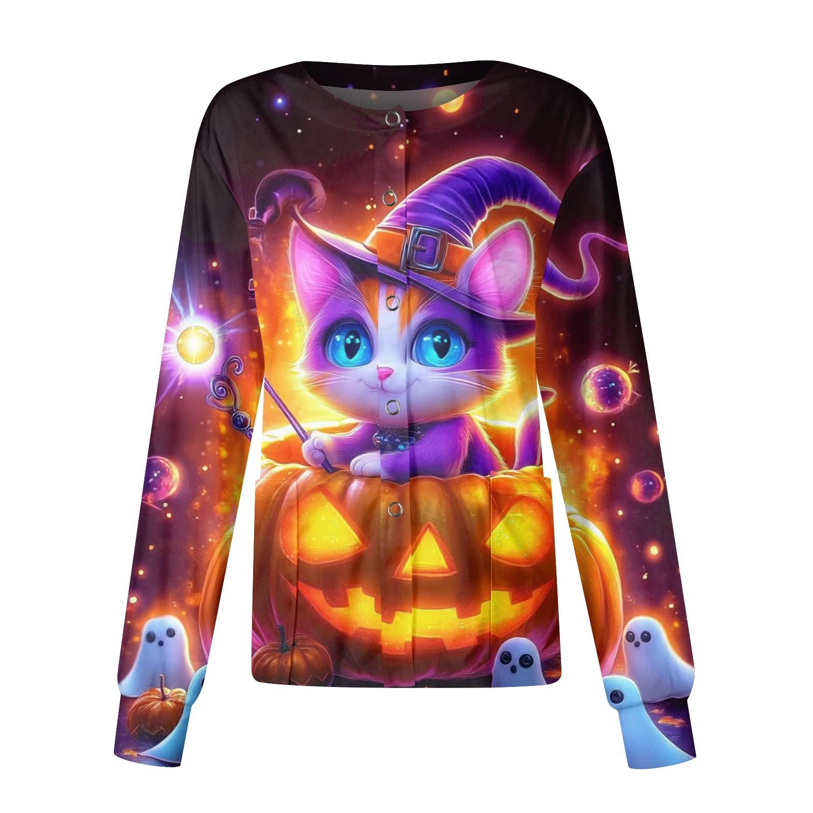 

Женский кардиган с принтом на Хэллоуин, повседневный, с длинными рукавами, на пуговицах, рабочая униформа L