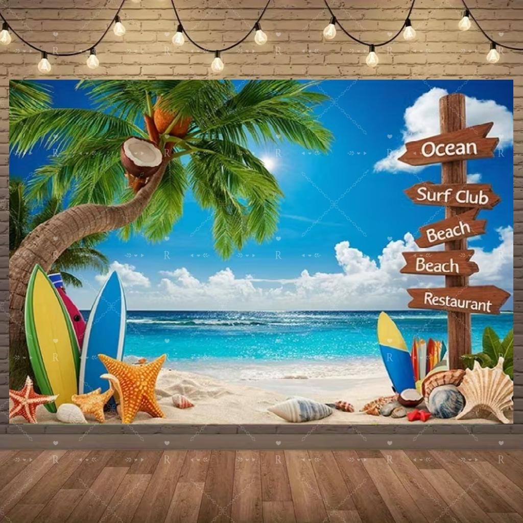 Summer Beach Holiday Party Decoration Backdrop Sunshine Flamingo Ocean Surfboard Portrait Photography Background Props Banner